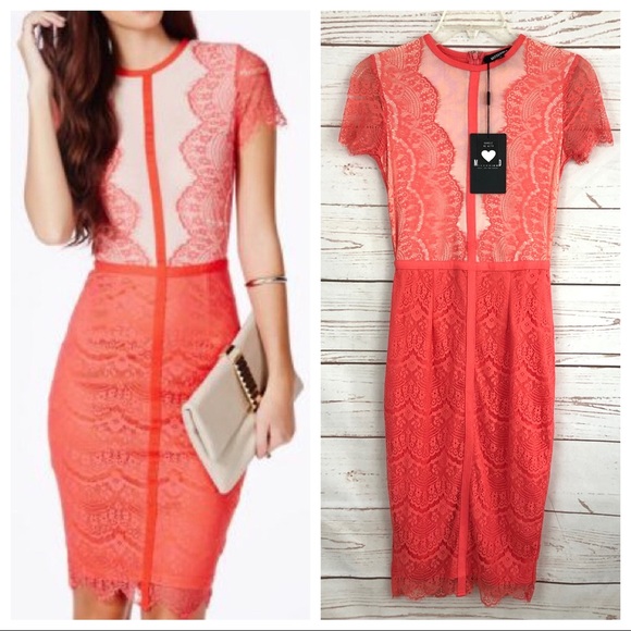 Missguided Dresses & Skirts - Misguided Coral Lace Bodycon Dress